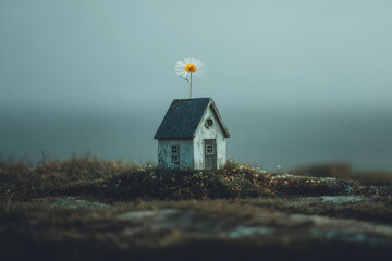 a small house with a flower on top of it