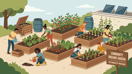 Community garden with people tending raised beds.