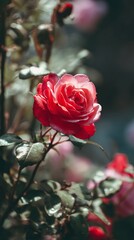 Captivating and Vibrant Red Rose Blooming Amidst Lush Green Leaves in a Garden Setting