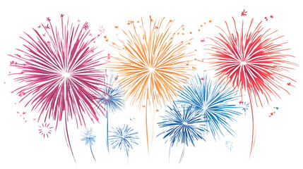 Colorful fireworks exploding in the night sky festive celebration graphic for holidays and events isolated on white background.