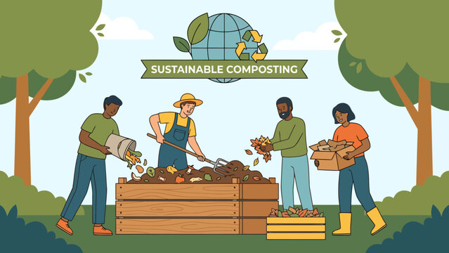 People working together to create compost in a community garden.