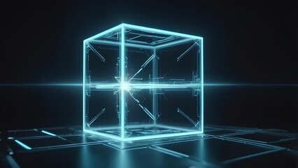 Dynamic glowing blue wireframe cube, representing abstract data processing and advanced technological architectures, levitating above a futuristic digital grid in a dark, infinite space