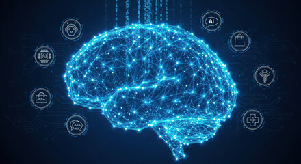 A glowing blue brain network is displayed against a dark background, surrounded by circular patterns. The image illustrates the fusion of artificial intelligence and digital technology.