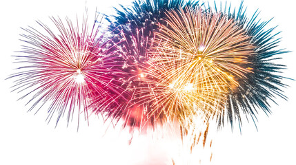 Colorful fireworks exploding in the night sky festive celebration display for holidays and events isolated on white background.