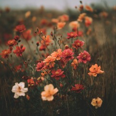 A Vibrant Display of Wildflowers in Varying Shades of Orange and Pink Against a Soft Focus Background Capturing the Essence of Nature's Beauty