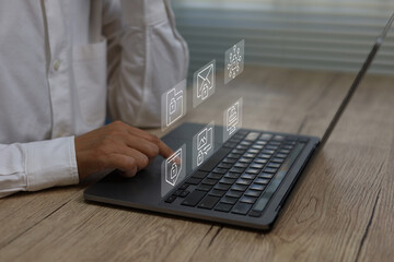 Secure digital file management concept, showing encrypted documents protected data person using working on laptop representing cybersecurity cloud storage information security technology solutions