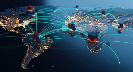 A stylized Earth map shows a global trade network with light trails connecting container ports marked in red and blue, symbolizing international logistics and shipping.