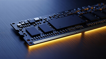 Close-up detailed view of a high-performance computer memory module with illuminated edges on a sleek metallic surface showcasing electronic components