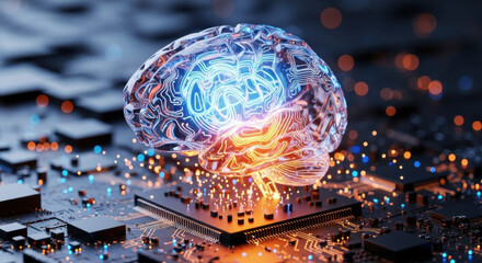 A glowing brain sits atop a complex circuit board, illuminated with warm and cool light showcasing artificial intelligence and technology of future innovation.