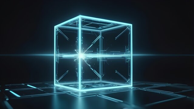 Dynamic glowing blue wireframe cube, representing abstract data processing and advanced technological architectures, levitating above a futuristic digital grid in a dark, infinite space - Powered by Adobe