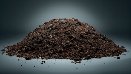 A mound of dark, textured material resembling soil or peat, emphasized against a dimly lit backdrop