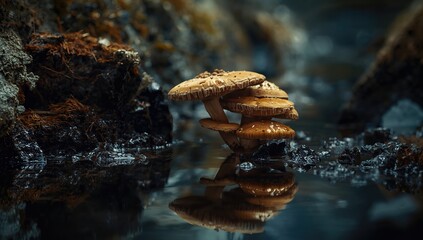 Mushrooms growing on rocky surface, reflected in still water, creating a tranquil natural scene