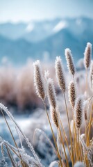 Winter Wilderness: Frost-Covered Grasses Standing Tall Against a Majestic Mountain Backdrop in a Serene Landscape