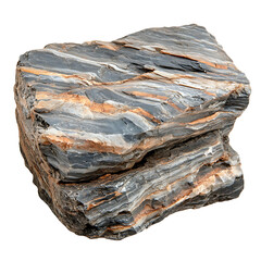 Striated rock specimen with layers of grey black and orange isolated on white background.