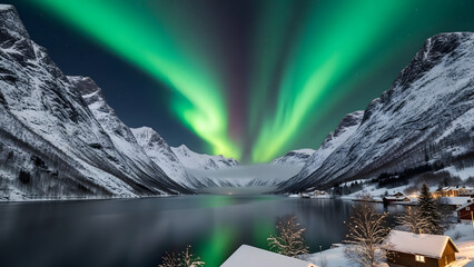 Snowy mountains and a serene lake under the vibrant green aurora borealis at dusk from a high vantage point