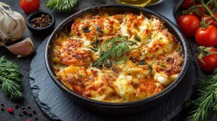 A baked dish is served in a round black bowl. It is topped with melted cheese and herbs. Surrounding the bowl are fresh tomatoes garlic and green herbs on a dark table.