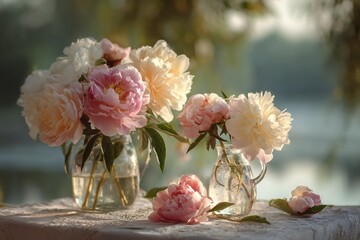 A Serene Arrangement of Peonies in Glass Vases Capturing the Essence of Spring and Natural Beauty by a Tranquil Water Surface