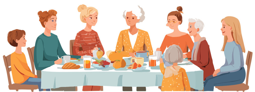 Ilustraci&oacute;n de mujeres y ni&ntilde;a disfrutando juntas de un desayuno familiar con comida sobre la mesa.