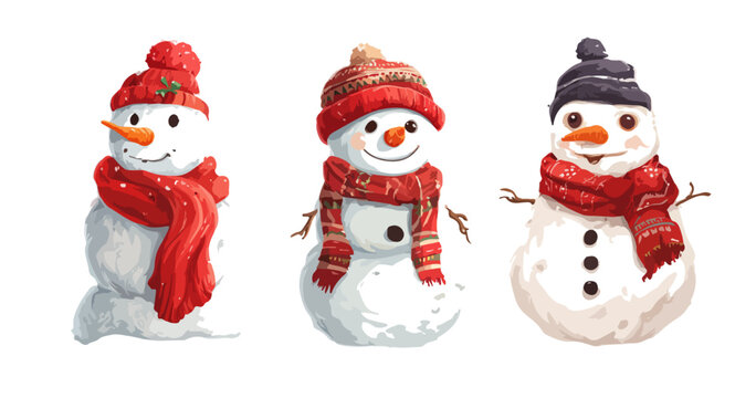 Conjunto de tres alegres mu&ntilde;ecos de nieve con bufandas y gorros rojos sobre fondo blanco.