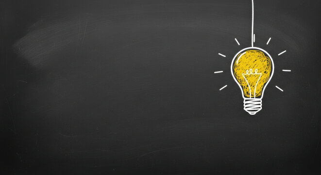 Illustration of a lit yellow light bulb hanging from a string on a dark starry chalkboard background. Concept for inspiration, creativity and innovative ideas.