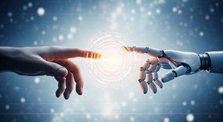 Human and robot hands gently touching with glowing light effect, representing future technology and innovation on an abstract blue background.