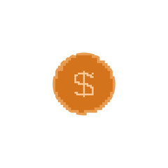 A crisp pixel art money pixel illustration featuring a golden-brown coin with a prominent dollar sign, perfect for digital finance concepts, retro gaming elements, and economic themed graphic designs