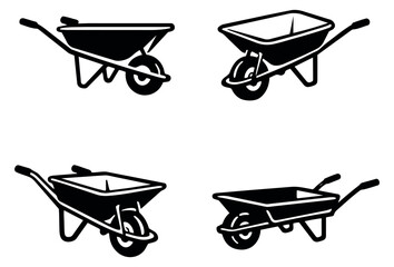 Graphic wheelbarrow icon set featuring various perspectives for gardening and construction