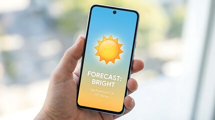 Smartphone displaying a bright sunny weather forecast application.
