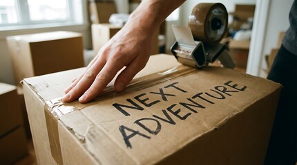 Person sealing a cardboard box labeled Next Adventure with packing tape.