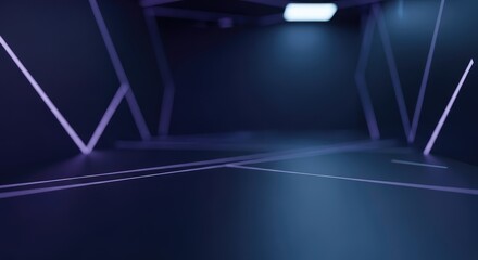 A dark, futuristic, neon-lit room with geometric shapes and reflective surfaces.