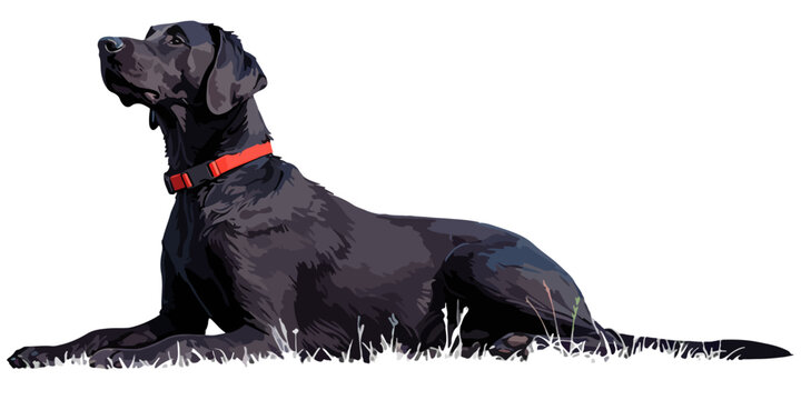 Perro labrador negro con collar rojo acostado sobre c&eacute;sped aislado en fondo blanco.