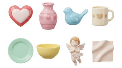 3D Rendering of Pastel Colored Ceramic and Decorative Items on White Background
