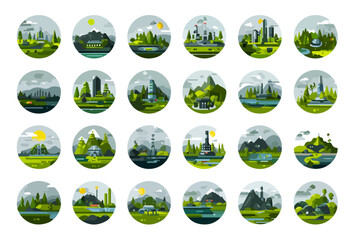 Conjunto de iconos circulares minimalistas de paisajes urbanos y naturales con fondo transparente.
