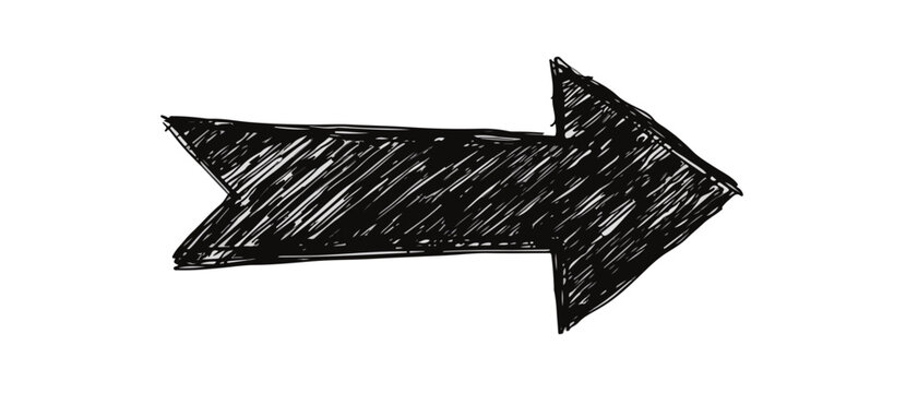 Flecha negra dibujada a mano con textura de garabato apuntando hacia la derecha sobre fondo blanco.