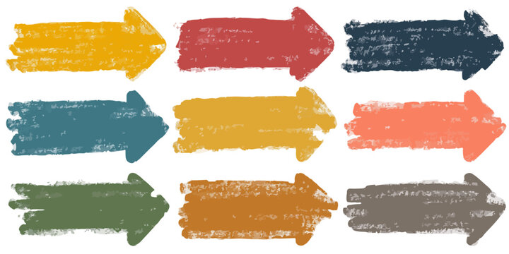 Nueve flechas de pinceladas texturizadas en colores tierra y vibrantes sobre fondo blanco transparente.