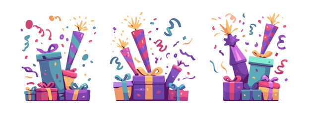 Colecci&oacute;n de tres ilustraciones de pi&ntilde;atas explosivas, regalos y confeti vibrante sobre fondo transparente.