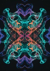 Vibrant symmetrical liquid texture creating a complex, mirrored abstract pattern with dynamic flowing gradients, perfect for modern background usage, beautiful, digital, symmetry