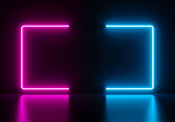 Vivid magenta and electric blue neon frame illuminating a dark, empty surface. Abstract futuristic background suitable for copy space or design elements, contemporary, copy, lighting