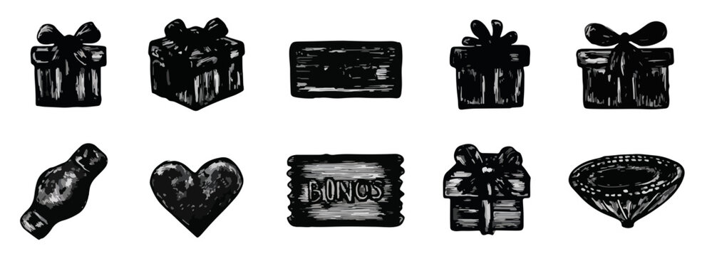 Colecci&oacute;n de iconos monocrom&aacute;ticos dibujados a mano de regalos, coraz&oacute;n, diamante y cup&oacute;n sobre fondo transparente.