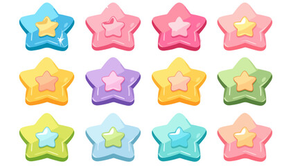 Conjunto de doce estrellas brillantes y brillantes de colores pastel con efecto 3D sobre fondo transparente.