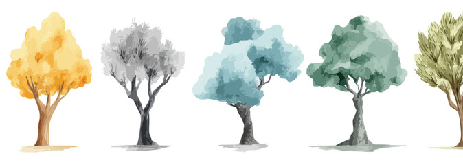 Conjunto de cinco &aacute;rboles ilustrados con acuarela en tonos oto&ntilde;ales, invernales y primaverales sobre fondo blanco.