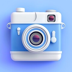 3D rendered illustration of a retro-style camera in blue and white on a gradient background