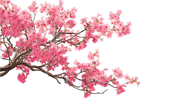 Ramo di albero fiorito con fiori rosa brillanti isolato su sfondo bianco trasparente, ideale per composizioni primaverili.