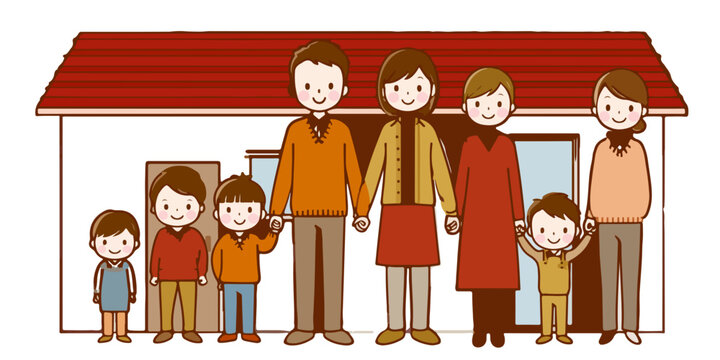 Illustrazione vettoriale di una famiglia allargata multietnica felice davanti alla propria casa con tetto rosso.