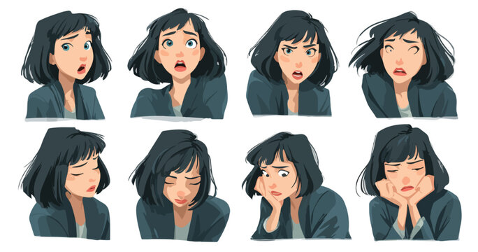 Collezione di otto espressioni facciali di una donna con capelli scuri, illustrazione vettoriale trasparente.