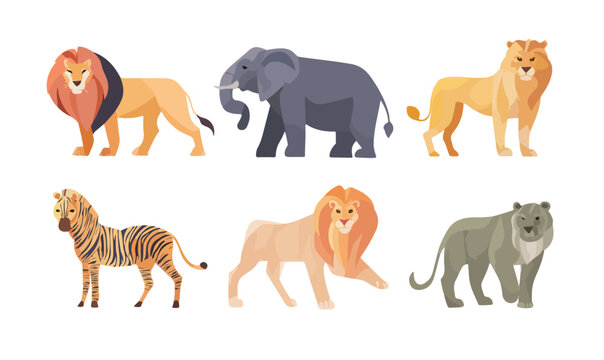 Set di illustrazioni vettoriali di animali africani selvatici, tra cui leoni, elefante e zebra, con sfondo trasparente.