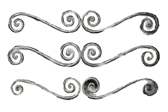 Set di tre eleganti divisori decorativi in stile voluta, disegnati a mano con texture grigia su sfondo trasparente.