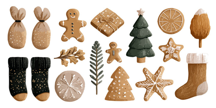 Set di elementi decorativi natalizi in stile rustico, biscotti pan di zenzero e calze su sfondo trasparente.