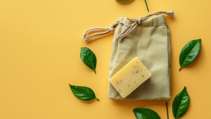 A bar of soap rests on a linen pouch, surrounded by leaves against a yellow backdrop