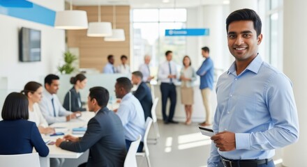 Fototapeta premium A smiling man in a blue shirt standing in front of a group of business people in a modern office setting.